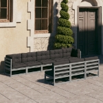 Set Divani da Giardino 8 pz con Cuscini Grigio Massello di Pino