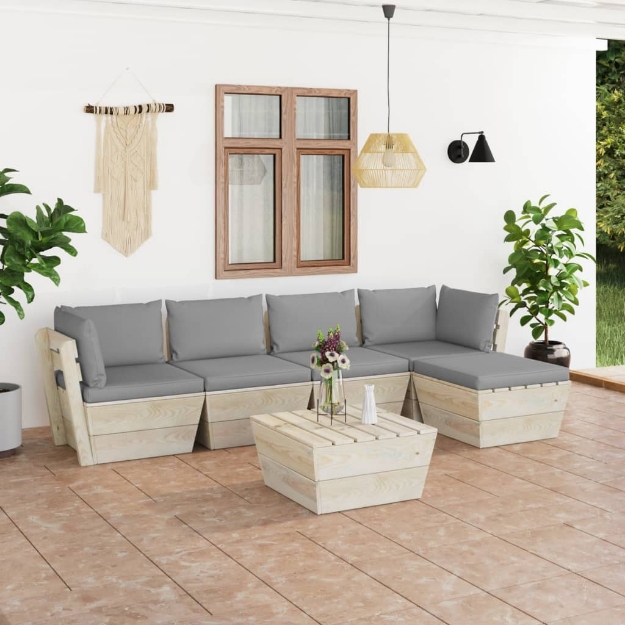 Set Divani da Giardino su Pallet 6 pz con Cuscini Legno Abete