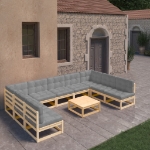 Set Divani da Giardino 10 pz con Cuscini Legno Massello di Pino