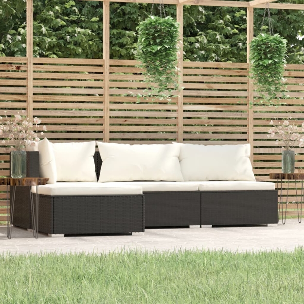 Set Divani da Giardino 4 pz con Cuscini Nero in Polyrattan