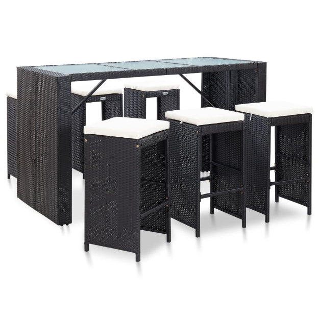 Set da Bar da Giardino 7 pz con Cuscini in Polyrattan Nero