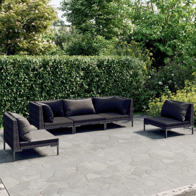 Set Divani Giardino 5 pz con Cuscini in Polyrattan Grigio Scuro