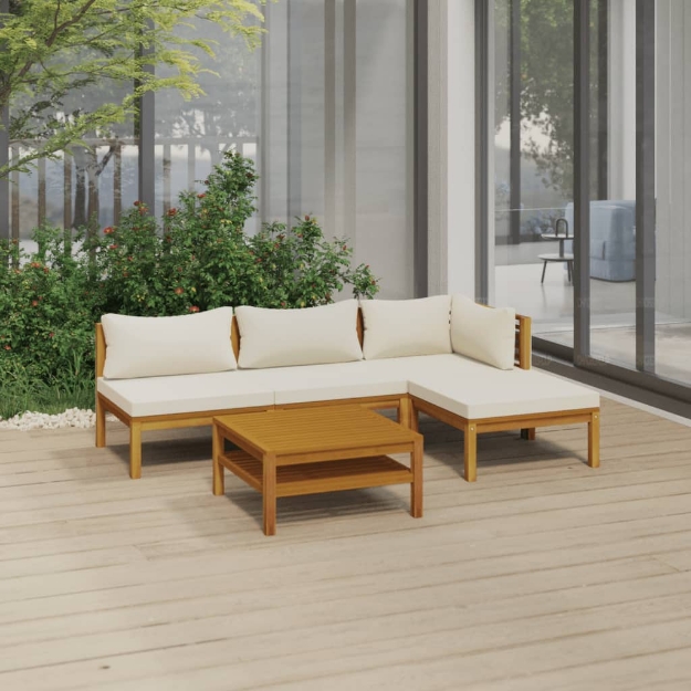 Set Divani da Giardino 5 pz con Cuscini Crema in Legno Acacia