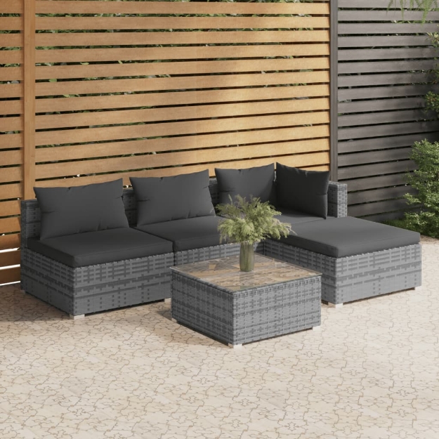 Set Divani da Giardino 5 pz con Cuscini in Polyrattan Grigio