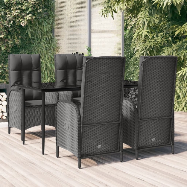 Set da Pranzo da Giardino 5 pz Nero con Cuscini in Polyrattan