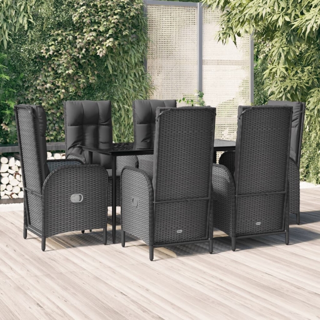 Set da Pranzo da Giardino 7 pz Nero con Cuscini in Polyrattan