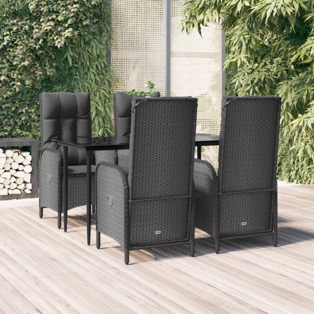 Set da Pranzo da Giardino 5 pz Nero con Cuscini in Polyrattan