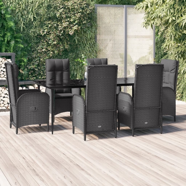 Set da Pranzo da Giardino 7 pz Nero con Cuscini in Polyrattan