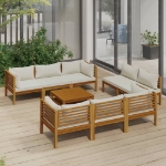 Set Divani da Giardino 9 pz con Cuscini Crema in Legno Acacia