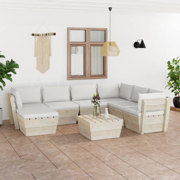 Set Divani da Giardino su Pallet 8 pz con Cuscini Legno Abete