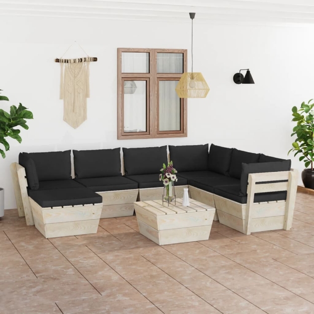 Set Divani da Giardino su Pallet 8 pz con Cuscini Legno Abete