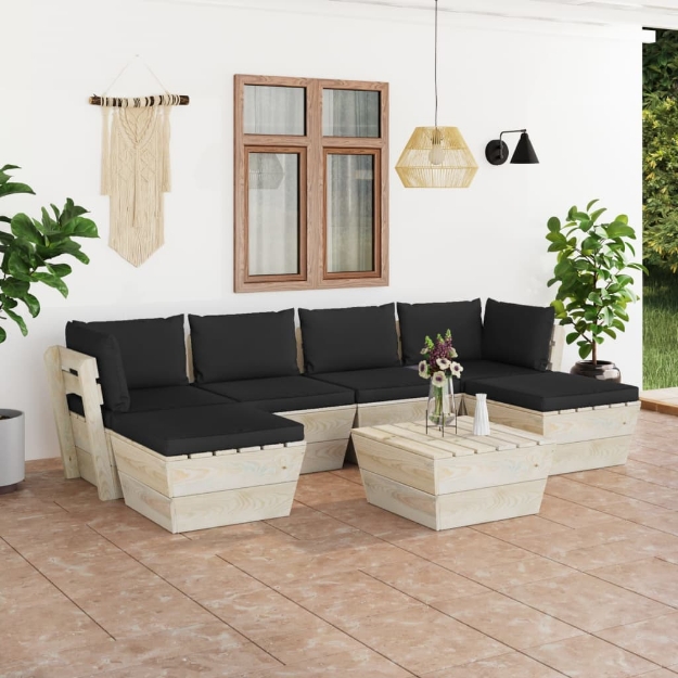 Set Divani da Giardino su Pallet 7 pz con Cuscini Legno Abete