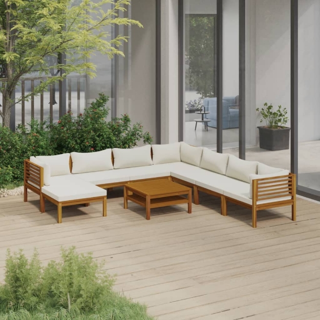 Set Divani da Giardino 9 pz con Cuscini Crema in Legno Acacia