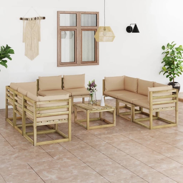 Set Divani da Giardino 9pz con Cuscini Legno di Pino Impregnato