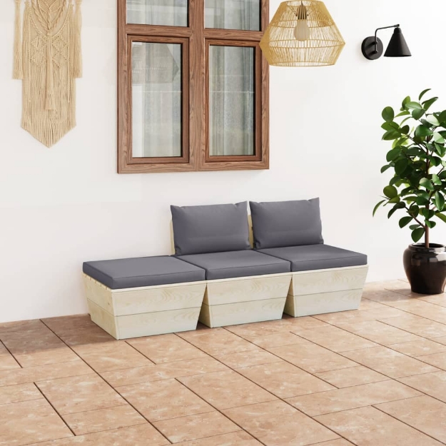 Set Divani da Giardino su Pallet 3 pz con Cuscini Legno Abete