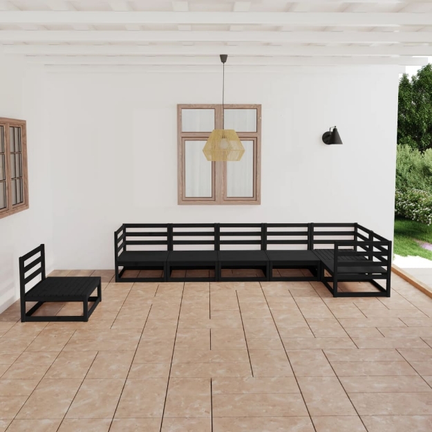 Set Divani da Giardino 7 pz Nero in Legno Massello di Pino