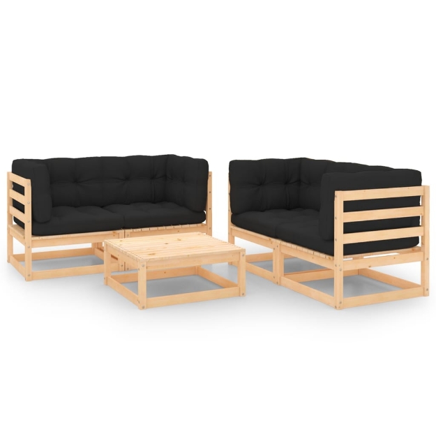 Set Divani da Giardino 5 pz con Cuscini Legno Massello di Pino