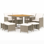 Set da Pranzo per Giardino 9pz con Cuscini in Polyrattan Beige