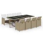 Set da Pranzo da Giardino 9 pz con Cuscini in Polyrattan Beige