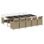 Set da Pranzo per Giardino 11pz con Cuscini in Polyrattan Beige