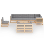 Set Divani da Giardino 10 pz con Cuscini Legno Massello di Pino