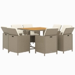 Set da Pranzo per Giardino 9pz con Cuscini in Polyrattan Beige