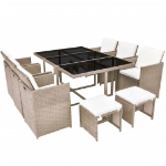 Set da Pranzo da Giardino 11 pz con Cuscini in Polyrattan Beige