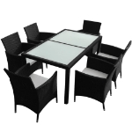 Set da Pranzo da Giardino 7 pz con Cuscini in Polyrattan Nero