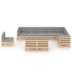 Set Salotto Giardino 10pz Cuscini Antracite Legno Massello Pino