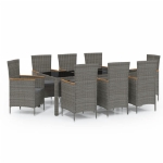 Set da Pranzo da Giardino 9 pz con Cuscini in Polyrattan Grigio