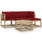 Set Salotto da Giardino 5 pz con Cuscini Rosso Vino