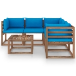 Set Salotto Giardino con Cuscini Blu Chiaro 6pz Pino Impregnato