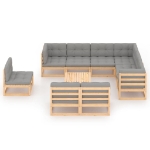 Set Salotto Giardino 10pz Cuscini Antracite Legno Massello Pino