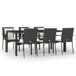 Set da Pranzo da Giardino 7 pz Nero con Cuscini in Polyrattan