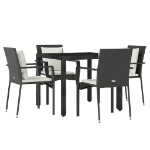 Set da Pranzo da Giardino 5 pz Nero con Cuscini in Polyrattan