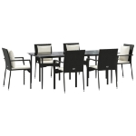 Set da Pranzo da Giardino 7 pz Nero con Cuscini in Polyrattan