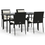 Set da Pranzo da Giardino 5 pz Nero con Cuscini in Polyrattan