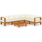 Set Divani Giardino 7 pz Cuscini Bianco Crema in Legno d'Acacia