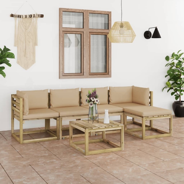 Set Divani da Giardino 6pz con Cuscini Legno di Pino Impregnato