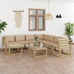 Set Divani da Giardino 9pz con Cuscini Legno di Pino Impregnato