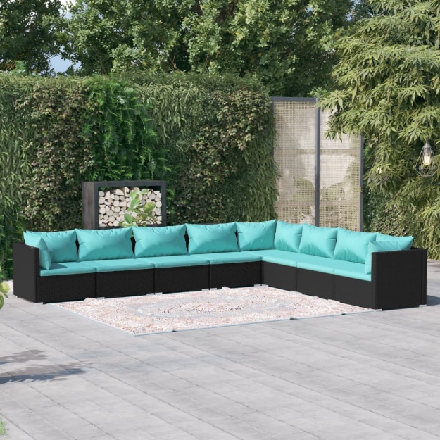 Set Divani da Giardino 8 pz con Cuscini in Polyrattan Nero