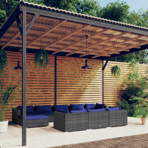 Set Divani da Giardino 10 pz con Cuscini in Polyrattan Grigio