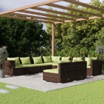 Set Divani da Giardino 9 pz con Cuscini in Polyrattan Marrone