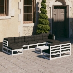 Set Divani da Giardino 10 pz Cuscini Bianchi Massello di Pino