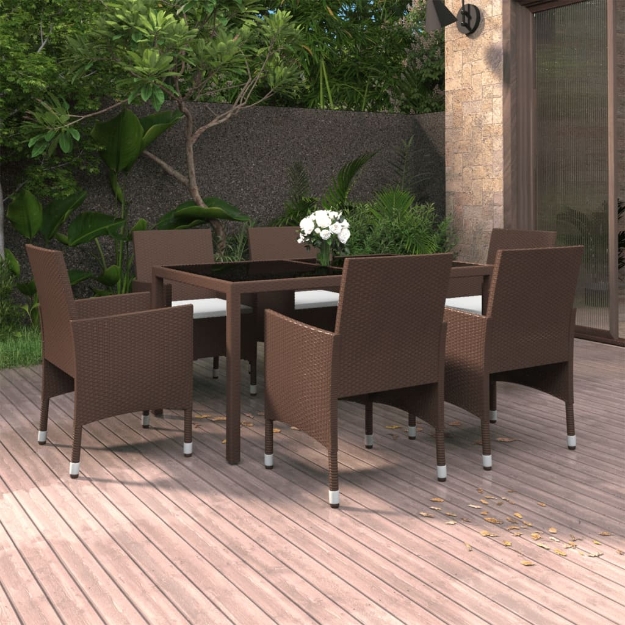 Set da Pranzo Giardino 7 pz Polyrattan Vetro Temperato Marrone