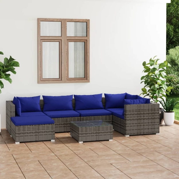 Set Divani da Giardino 7 pz con Cuscini in Polyrattan Grigio