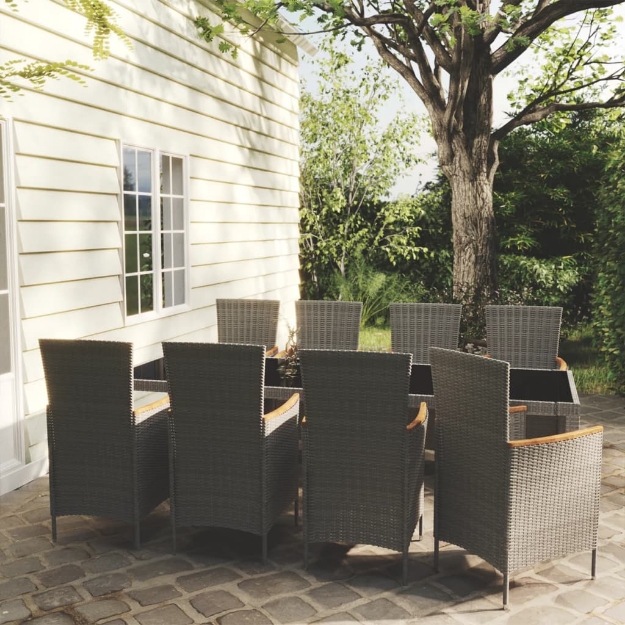 Set da Pranzo da Giardino 9 pz con Cuscini in Polyrattan Grigio