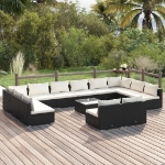 Set Divani da Giardino 13 pz con Cuscini in Polyrattan Nero