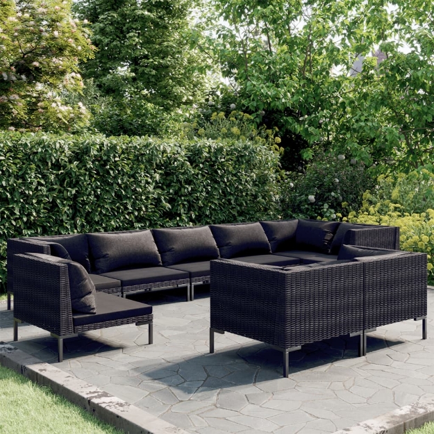 Set Divani Giardino 9pz con Cuscini Rattan Rotondo Grigio Scuro