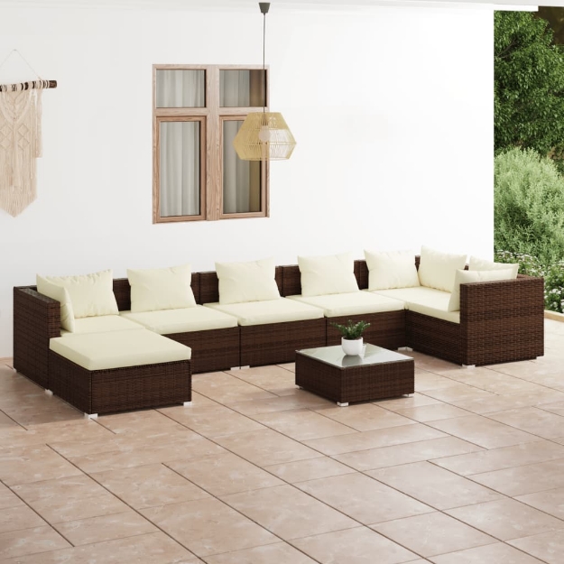 Set Divani da Giardino 8 pz con Cuscini in Polyrattan Marrone